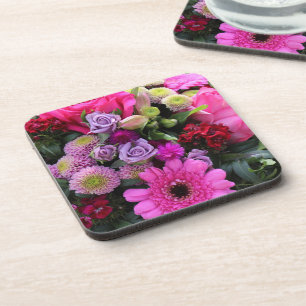 Roze en paarse bloemenboeket foto bier onderzetter