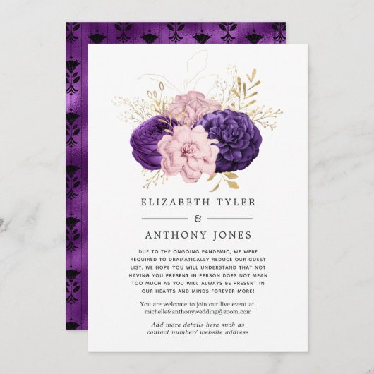 Roze en Paarse Bloemenbruiloft Verminderde Gastenl Aankondiging (Voorkant / Achterkant)