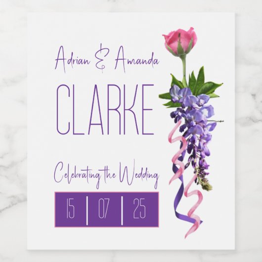 Roze en paarse bloemenbruiloft wijn etiket (Enkel label)