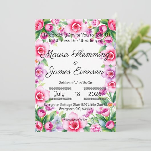 Roze en Paarse bloemenuitnodiging Kaart (Staand voorkant)