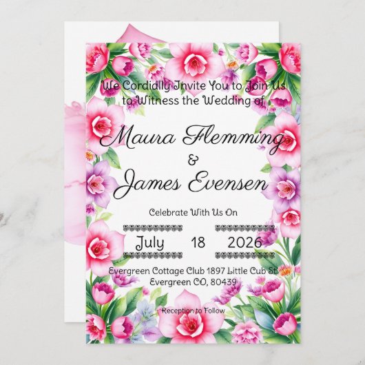 Roze en Paarse bloemenuitnodiging Kaart (Voorkant / Achterkant)