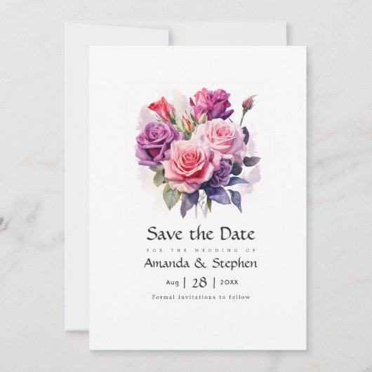Roze en Paarse Bloemige Bruiloft Save The Date (Voorkant)