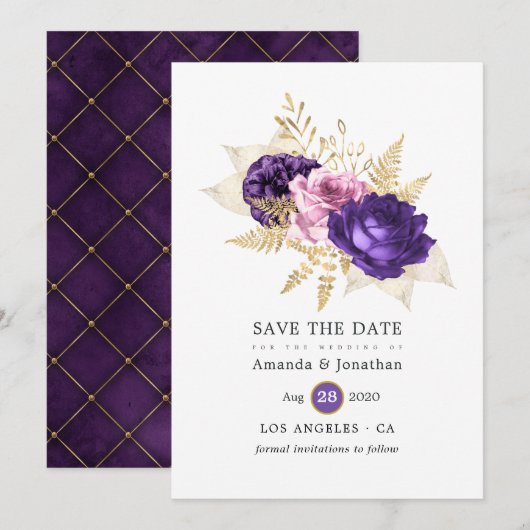 Roze en paarse bloemige bruiloft save the date (Voorkant / Achterkant)