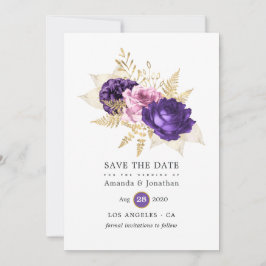 Roze en Paarse Bloemige Bruiloft Save The Date