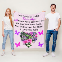 ROZE EN PAARSE BLOEMIGE CUSTOM 90E VERJAARDAG FLEECE DEKEN