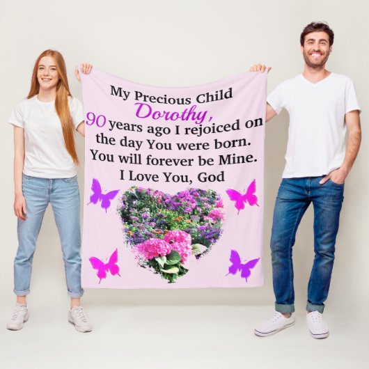 ROZE EN PAARSE BLOEMIGE CUSTOM 90E VERJAARDAG FLEECE DEKEN (In situ)