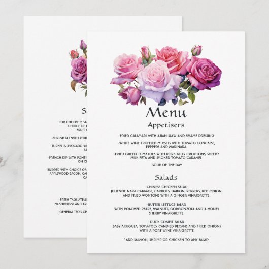 Roze en paarse bloemige details voor huwelijksgast menu (Voorkant / Achterkant)