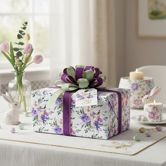 Roze en paarse bloemkruis aangepaste Pasen Cadeaupapier