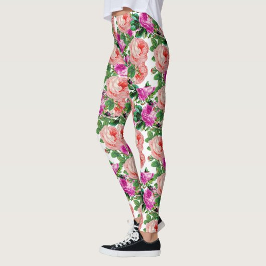  roze en Paarse bloemmotief Roos Leggings (Links)