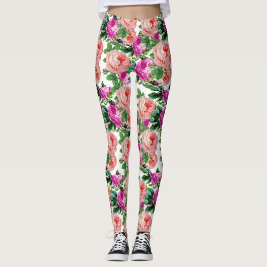 roze en Paarse bloemmotief Roos Leggings (Voorkant)