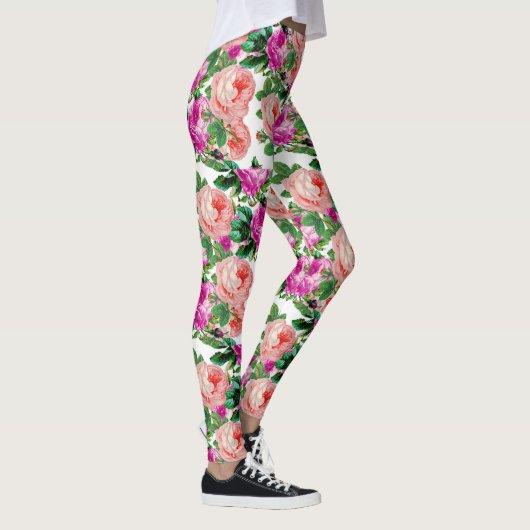  roze en Paarse bloemmotief Roos Leggings (Rechts)