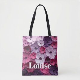 roze en paarse bloemontwerp met individuele naam tote bag