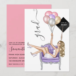  Roze en paarse blonde ballonnenmeisjes afstuderen Kaart