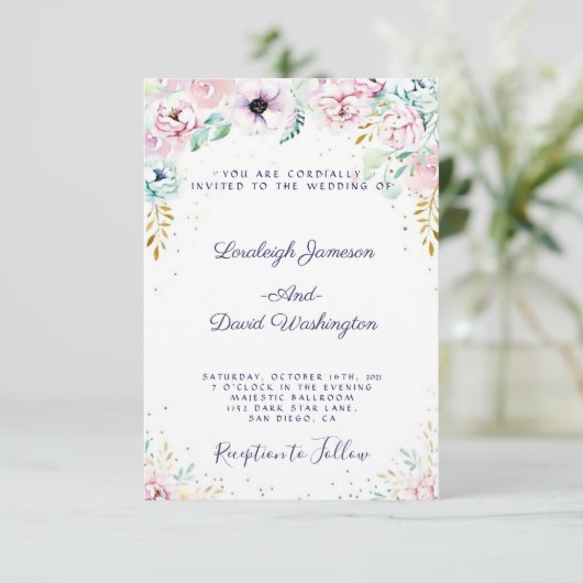 Roze en paarse bruiloft Uitnodiging tot bloeden (Staand voorkant)