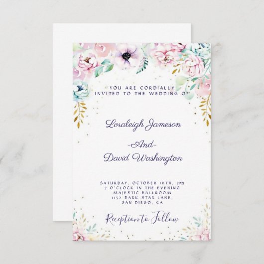 Roze en paarse bruiloft Uitnodiging tot bloeden (Voorkant / Achterkant)