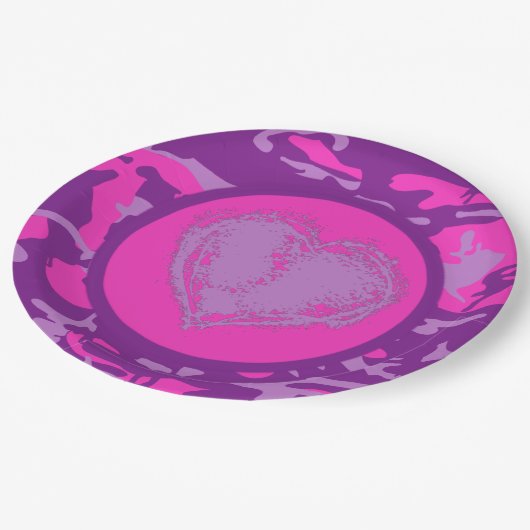 Roze en Paarse Camo met hart Papieren Bordje (Gekanteld)
