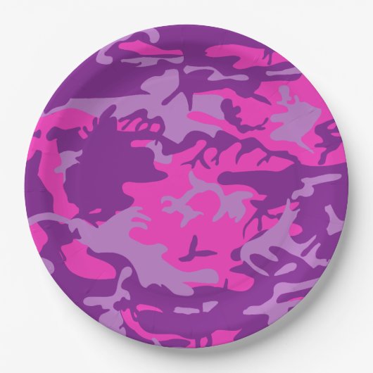 Roze en Paarse Camo Papieren Bordje (Voorkant)