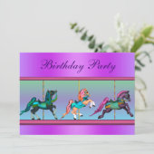 Roze en Paarse Carrousel Pony Verjaardagsfeest Kaart (Staand voorkant)