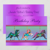 Roze en Paarse Carrousel Pony Verjaardagsfeest Kaart (Voorkant / Achterkant)