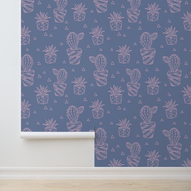 Roze en Paarse Cartoon Cactus Patroon Behang (Applicatie)