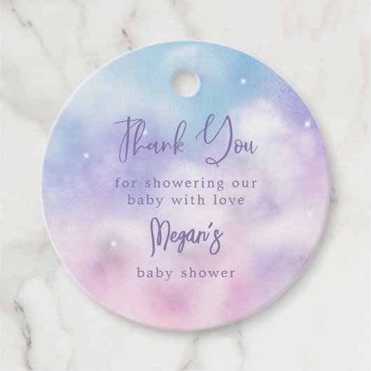 Roze en Paarse Cloud Nine Baby shower Bedankjes Labels (Voorkant)