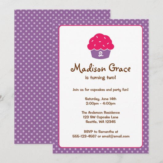 Roze en Paarse Cupcake Polka Dot Birthday Party Kaart (Voorkant / Achterkant)