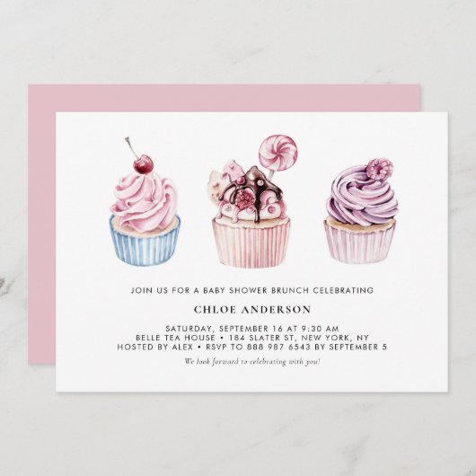 Roze en Paarse Cupcakes Baby shower Brunch Kaart (Voorkant / Achterkant)