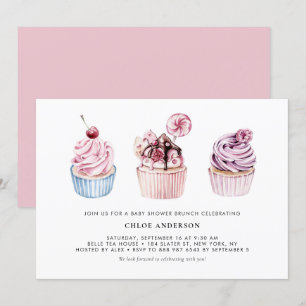 Roze en Paarse Cupcakes Baby shower Brunch Kaart