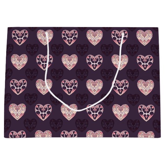 Roze en Paarse deco harten gepatterd Groot Cadeauzakje (Voorkant)