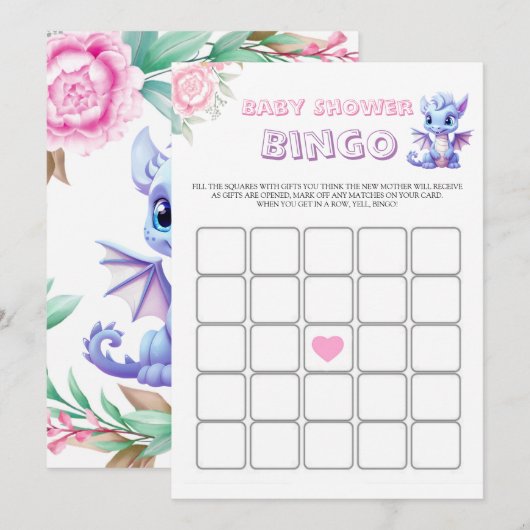 Roze en Paarse Dinosaurus Peony Baby shower Bingo (Voorkant / Achterkant)
