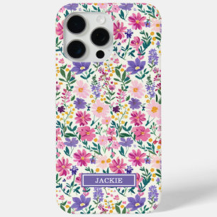 Roze en paarse Ditsy-bloemen Monogram iPhone 15 Pro Max Hoesje