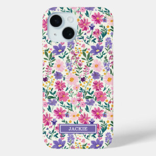 Roze en paarse Ditsy-bloemen Monogram iPhone 15 Case
