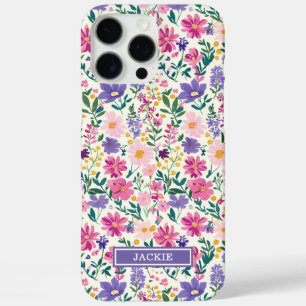 Roze en Paarse Ditsy Bloemen Monogram iPhone 16 Pro Max Hoesje