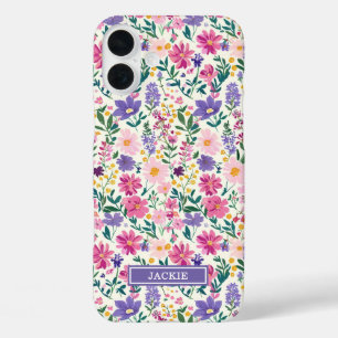 Roze en paarse Ditsy-bloemen Monogram iPhone 16 Plus Hoesje