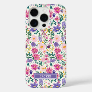 Roze en paarse Ditsy-bloemen Monogram iPhone 16 Pro Hoesje
