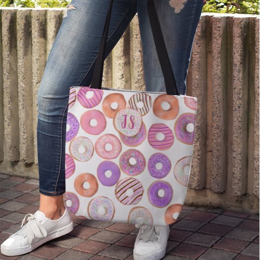 Roze en Paarse Donut Custom Name Baker's Tote Bag