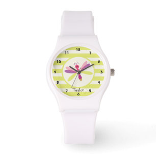 Roze en Paarse dragonfly op liime Green Stripes Horloge