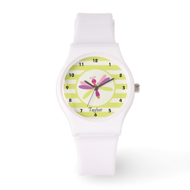 Roze en Paarse dragonfly op liime Green Stripes Horloge (Voorkant)