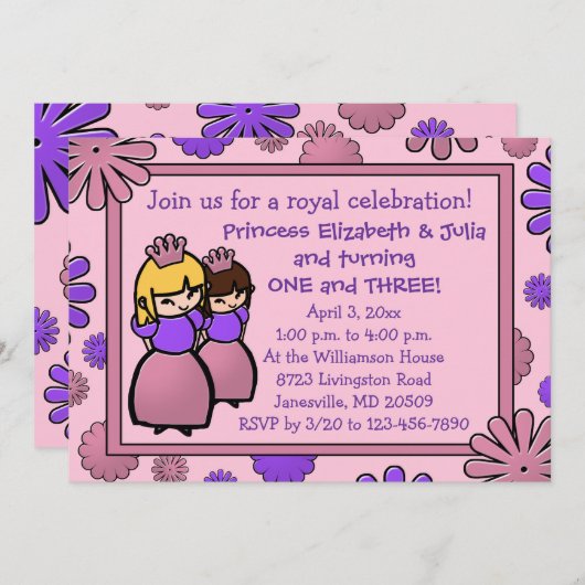 Roze en Paarse dubbelprinses Birthday Uitnodiging (Voorkant / Achterkant)