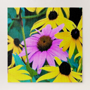 Roze en paarse Echinacea met gele bloemen Legpuzzel