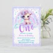 Roze en Paarse Eenhoorn 1e verjaardag Kaart (Staand voorkant)