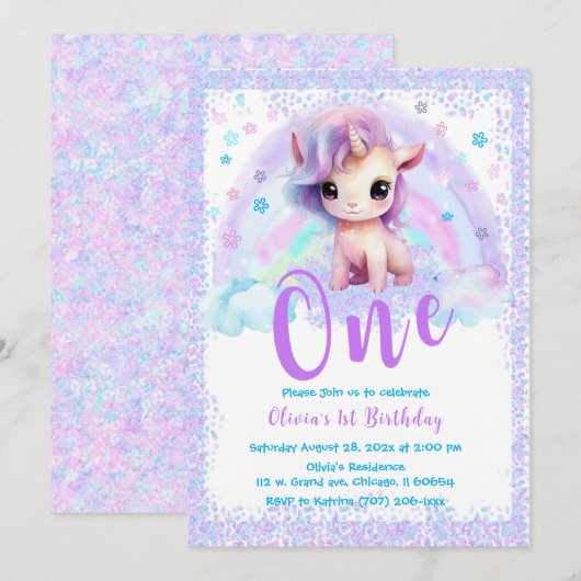 Roze en Paarse Eenhoorn 1e verjaardag Kaart (Voorkant / Achterkant)