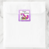 Roze en Paarse Eenhoorn en Bloemen Verjaardag Vierkante Sticker (Tas)