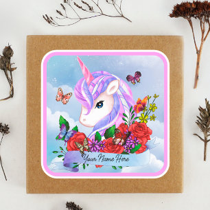 Roze en paarse eenhoorn met rode rozen vierkante sticker