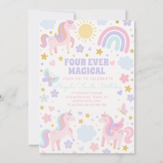 Roze en Paarse Eenhoorn Regenboog Partij Uitnodige Kaart (Voorkant)