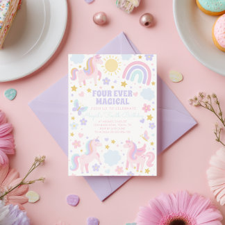 Roze en Paarse Eenhoorn Regenboog Partij Uitnodige Kaart