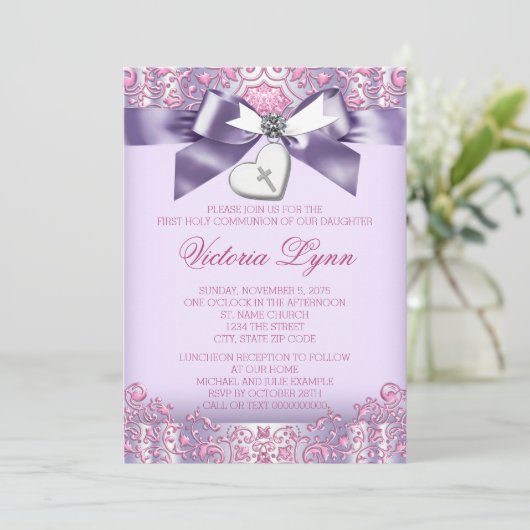 Roze en Paarse eerste communie Kaart (Staand voorkant)