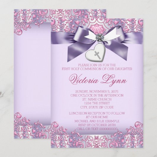 Roze en Paarse eerste communie Kaart (Voorkant / Achterkant)