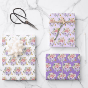 Roze en paarse elegante bloemen inpakpapier vel