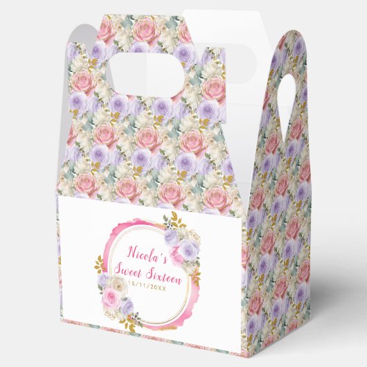 Roze en Paarse Elegante Bloemen Sweet Sixteen Bedankdoosjes (Geopend)